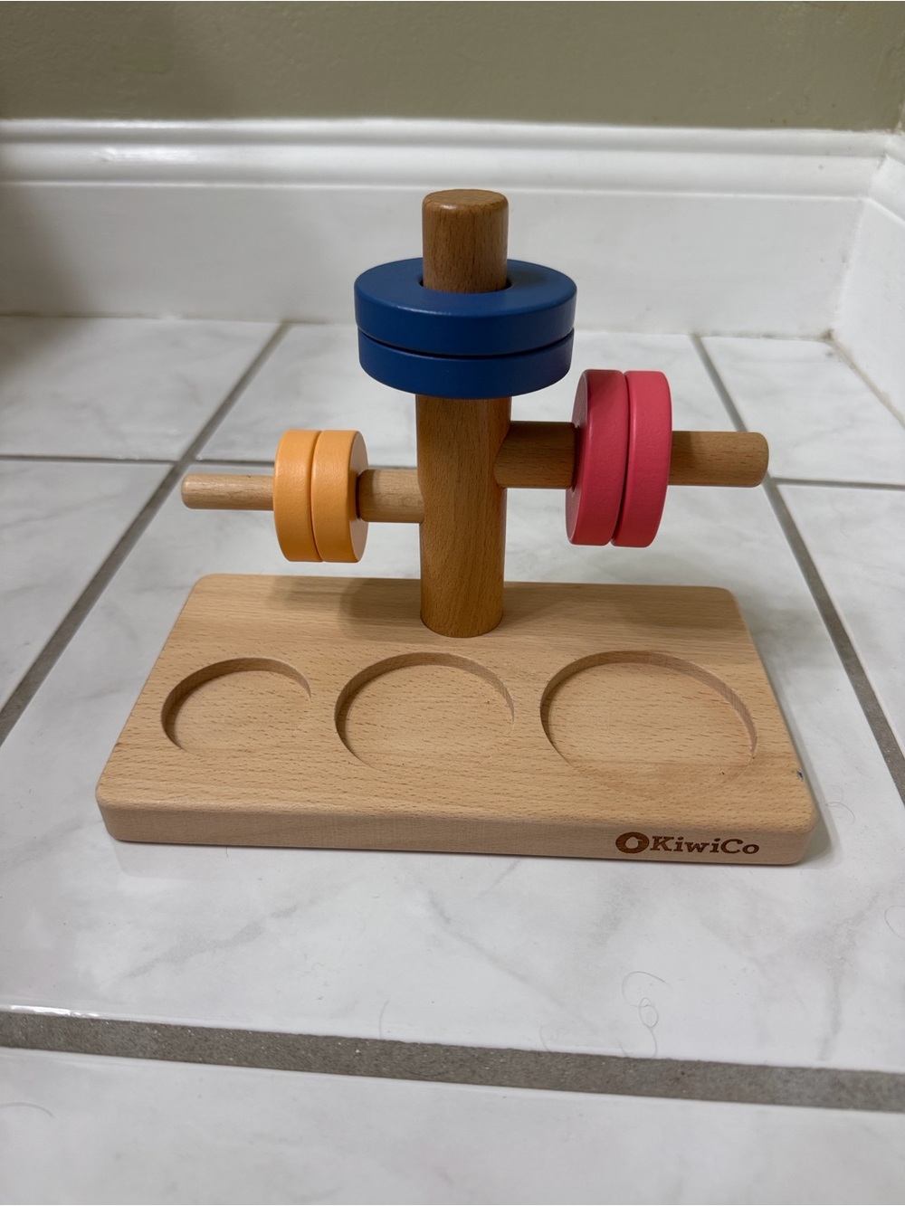 Kiwico Wooden Ring Stacking Toy - Blue, Pink, Orange
